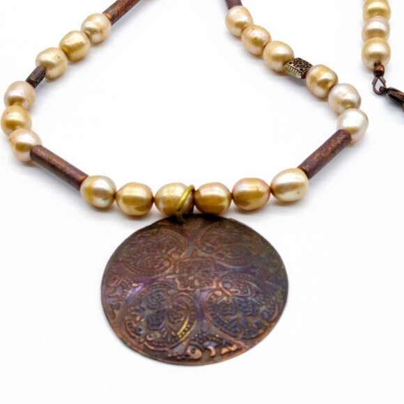 Vintage Baroque Pearl and Bronze Necklace, Metal Tube Beads and Embossed Disc - Picture 3 of 5